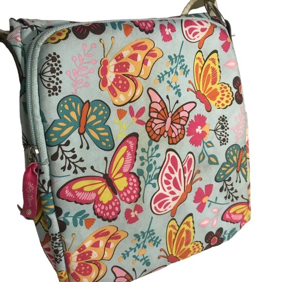 Lily Bloom Butterfly Print Crossbody Bag Tan Trim Pink Lining Pockets 10" x 9" - Picture 11 of 16